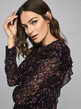 ​REISS Black Floral Chiffon Ruffle Long Sleeve Blouse Top Size US 6 / UK 10 NWT